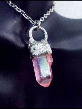 Pink aura quartz crystal necklace